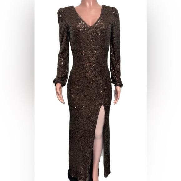 Brown Sequin Evening Gown Bridesmaid ball evening Dress front split Glam 6  nwts - Picture 1 of 4